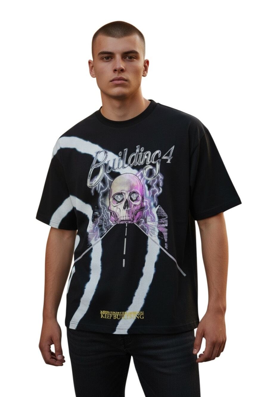 BLDG4 CLIENTELE black Cotton T-Shirt with Skull Design Size 2X